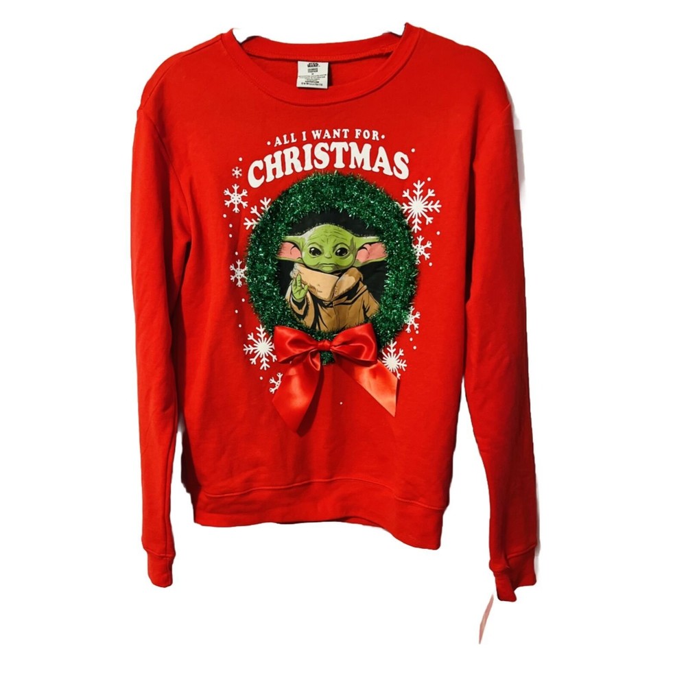 Star Wars Baby Yoda All I Want For Christmas Red Women’s Sz Medium Sweatshirt